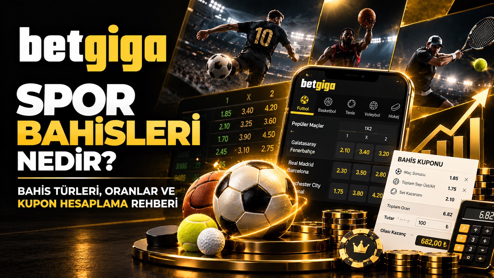 Handikap bahsi nedir rehberi için futbol, basketbol ve tenis sahneleri, mobil oran ekranı ve bahis kuponu